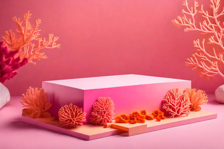 cubic pink wooden cosmetic podium scenery with orange corals in the photo studio hyperrealistic materialsの素材