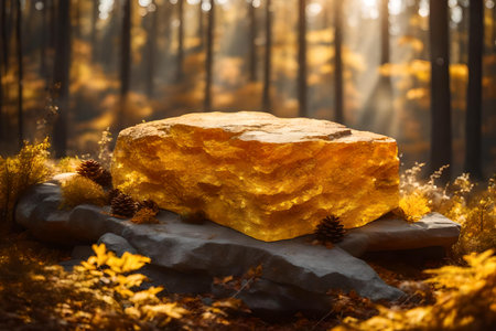 cubic yellow rock cosmetic podium composition with amber in the forest hyperrealistic materialsの素材