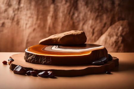 flat brown rock cosmetic podium background with agate in the photo studio hyperrealistic materialsの素材