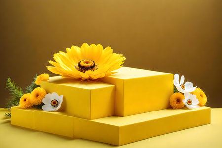 cubic yellow plastic podium scenery with anemone flower in the photo studio hyperrealistic materialsの素材