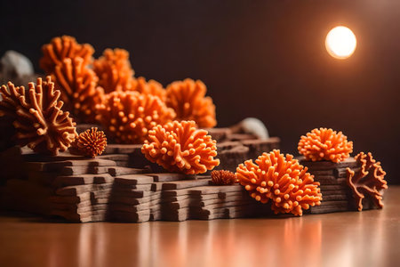 cubic wood plastic podium composition with orange corals in the photo studio hyperrealistic materialsの素材