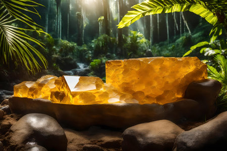 cubic yellow stone cosmetic podium scenery with crystal ice in the tropical forest hyperrealistic materialsの素材