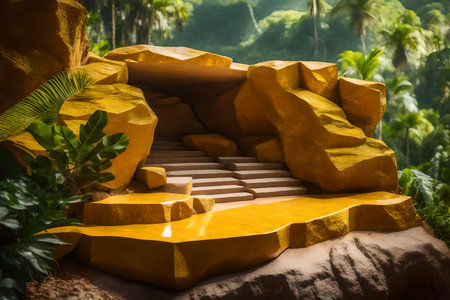 cubic yellow rock cosmetic podium scenery with diamond in the tropical forest hyperrealistic materialsの素材