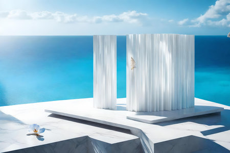 cubic white rock cosmetic podium composition with dried iris by the blue ocean hyperrealistic materialsの素材