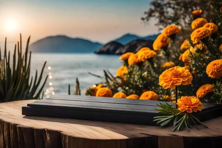flat black wooden cosmetic podium scenery with marigold flower by the sea hyperrealistic materialsの素材