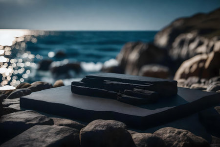 flat black wood rock podium composition with obsidian by the sea hyperrealistic materialsの素材