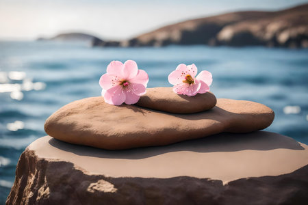 flat brown rock podium composition with sakura flower by the sea hyperrealistic materialsの素材