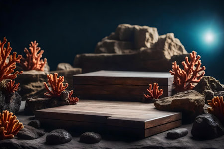 cubic wood rock podium background with stony corals in the photo studio hyperrealistic materialsの素材