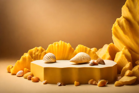 cubic yellow rock cosmetic podium composition with seashell in the photo studio hyperrealistic materialsの素材
