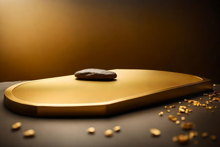 flat golden plastic podium composition with rock in the photo studio hyperrealistic materialsの素材