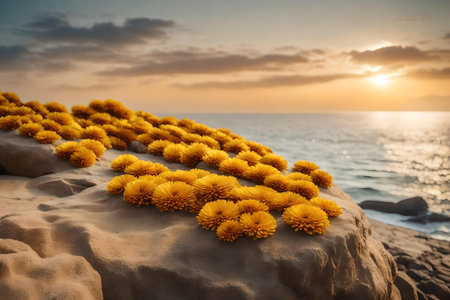flat golden rock podium scenery with dried chrysanthemum by the sea hyperrealistic materialsの素材