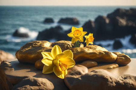 flat golden rock cosmetic podium scenery with daffodil by the sea hyperrealistic materialsの素材