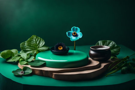 flat green stone cosmetic podium background with anemone flower in the photo studio hyperrealistic materialsの素材