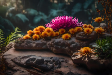 flat iridescent rock podium scenery with dried chrysanthemum in the tropical forest hyperrealistic materialsの素材