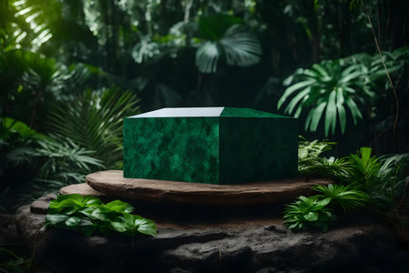 flat green stone podium composition with black crystal in the tropical forest hyperrealistic materialsの素材