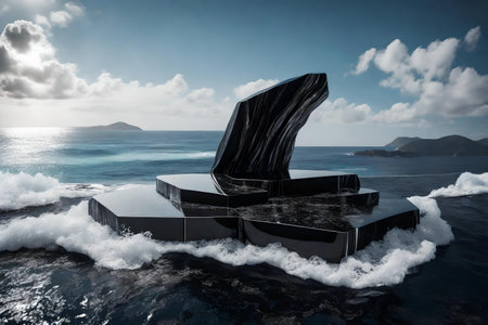 flat silver rock cosmetic podium background with black tourmaline by the wavy ocean hyperrealistic materialsの素材