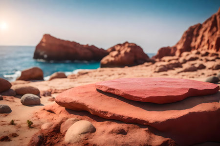 flat red rock cosmetic podium background with rock by the sea hyperrealistic materialsの素材