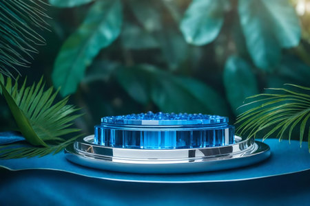 flat silver plastic cosmetic podium background with blue crystal in the tropical forest hyperrealistic materialsの素材