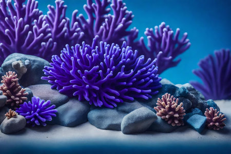 flat purple rock cosmetic podium background with blue corals by the sea hyperrealistic materialsの素材