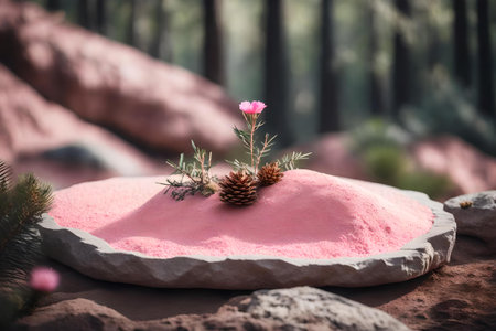 flat grey rock cosmetic podium composition with pink desert in the forest hyperrealistic materialsの素材
