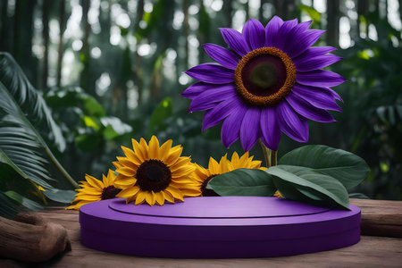 flat purple wooden podium composition with sunflower in the tropical forest hyperrealistic materialsの素材