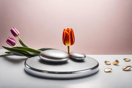 flat silver rock cosmetic podium background with tulip in the photo studio hyperrealistic materialsの素材