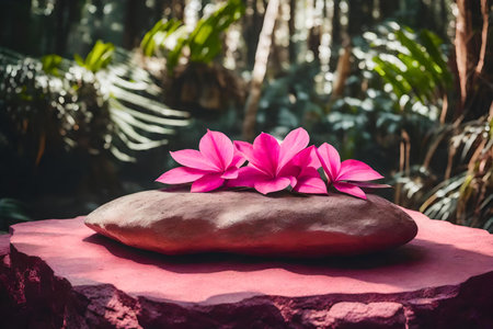 flat pink stone podium composition with rock in the tropical forest hyperrealistic materialsの素材