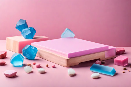flat pink wooden cosmetic podium composition with blue calcite in the photo studio hyperrealistic materialsの素材