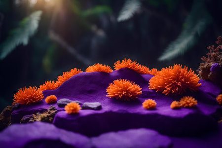 flat purple rock cosmetic podium background with orange corals in the forest hyperrealistic materialsの素材