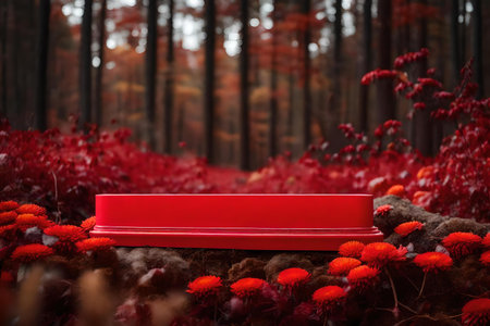 flat red plastic cosmetic podium composition with dried chrysanthemum in the forest hyperrealistic materialsの素材
