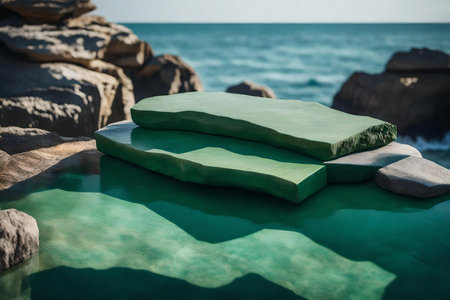 flat green rock cosmetic podium background with quartzite by the sea hyperrealistic materialsの素材