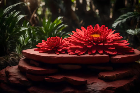 flat red stone podium composition with chrysanthemum in the tropical forest hyperrealistic materialsの素材