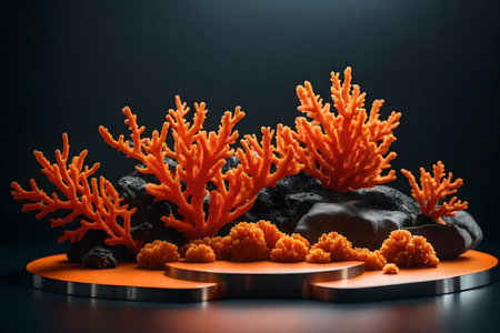 flat titanium plastic podium background with orange corals in the photo studio hyperrealistic materialsの素材