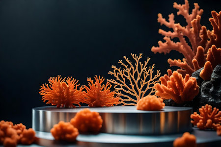 flat titanium plastic podium background with orange corals in the photo studio hyperrealistic materialsの素材