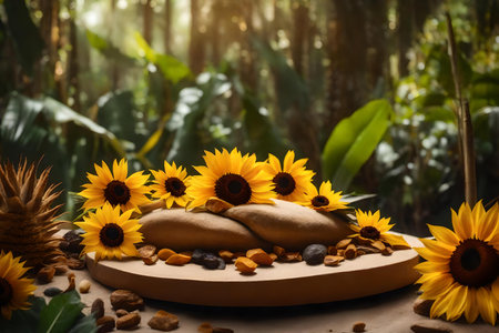flat yellow rock cosmetic podium composition with dried sunflowers in the tropical forest hyperrealistic materialsの素材