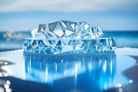 flat titanium plastic podium composition with crystal ice by the sea hyperrealistic materialsの素材