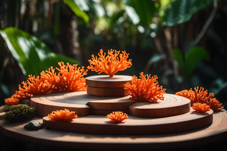 flat titanium wooden cosmetic podium scenery with orange corals in the tropical forest hyperrealistic materialsの素材