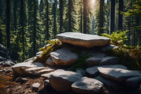 flat titanium rock podium background with dolomite in the forest hyperrealistic materialsの素材
