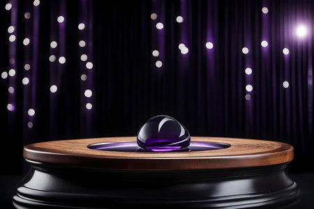 round black wood wooden podium composition with amethyst in the photo studio hyperrealistic materialsの素材