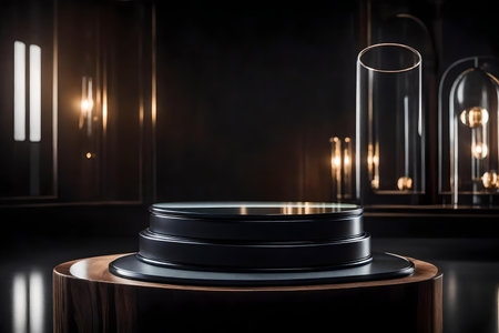 round black wood wooden cosmetic podium composition with tinted glass in the photo studio hyperrealistic materialsの素材