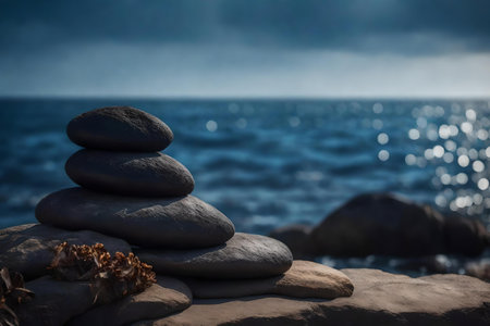 round black rock cosmetic podium background with dried iris by the sea hyperrealistic materialsの素材