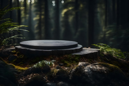 round black wood rock cosmetic podium background with glass in the forest hyperrealistic materialsの素材