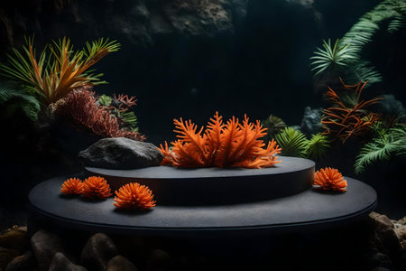 round black wood rock podium scenery with orange corals in the tropical forest hyperrealistic materialsの素材
