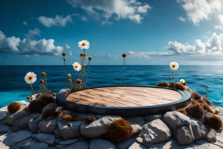 round black wood rock podium background with dried daisy by the blue ocean hyperrealistic materialsの素材
