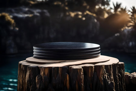 round black wood wooden podium background with obsidian by the sea hyperrealistic materialsの素材