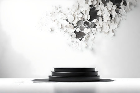 round black wood stone podium background white wall with white and titanium paint splashの素材