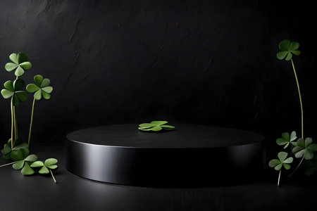 round black podium close shot black wood background studio with clover high qualityの素材