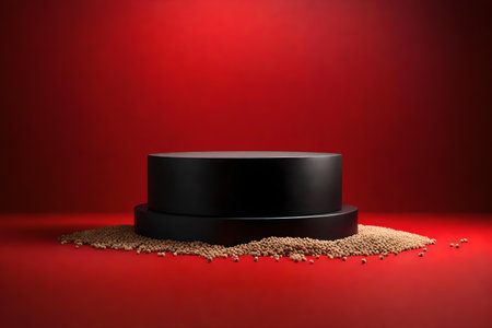 round black podium close shot red background studio with buckwheat high qualityの素材