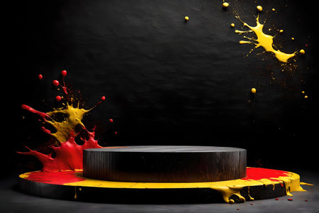 round black wood wooden podium background black wall with yellow and red paint splashの素材