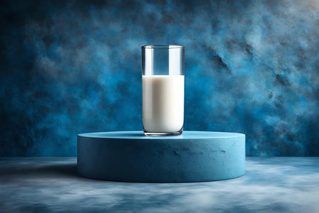 round blue podium close shot stone background studio with glass of milk high qualityの素材